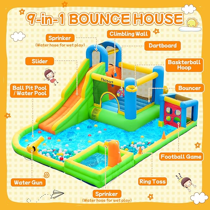 FBSPORT Inflatable Bounce House, 9 in 1 Water Slide with Blower, Bouncy House for Kids Indoor Outdoor Wet Dry Combo Water Bounce House with Football Shooting, Water Gun, Splash Pool, Bounce Area, Hose