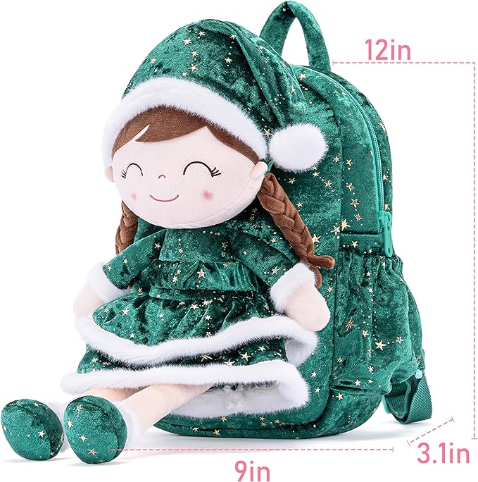 Gloveleya Plush Backpacks Toddler Backpack Removable Doll and Backpack Baby Girl Gifts for 2 to 8 Years Girl Birthday Gifts with Green Doll
