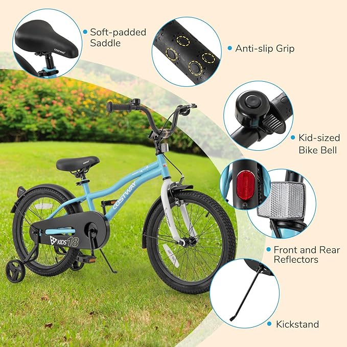 COSTWAY 12/14/16/18 Inch Kids Bike, Children Toddler Bicycle with Training Wheels, Adjustable Seat & Handlebar, Handbrake & Coaster Brake, Reflectors, Bell, Suitable for 3-8 Years Old Boys Girls