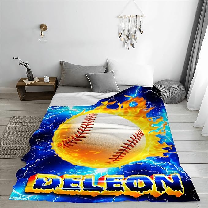 Custom Baseball Blanket with Name Personalized Basketball Throw Blanket for Sports Lovers for Couch Sofa Bed Decor (Boy-03)