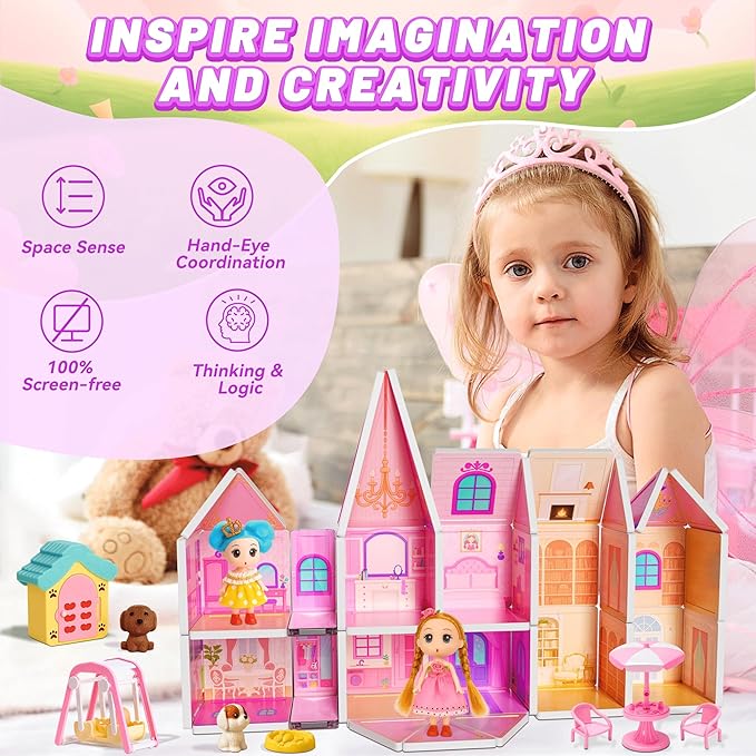 Magnetic Tiles Doll House Building Toys Set with Double Sided Printed Design, Play House Magnetic Blocks for Kids Ages 3-5 4-8, STEM Educational Sensory Magnet Toys Birthday Gifts for Girls