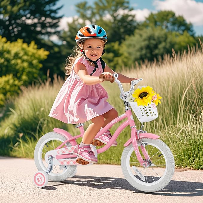 BABY JOY Kids Bike, 12 14 16 18 20 Inch Boys Girls Bike w/Adjustable Seat, Removable Basket, Handbrake & Coaster Brake, Training Wheels or Kickstand, Kids Bicycle with Multi-Color