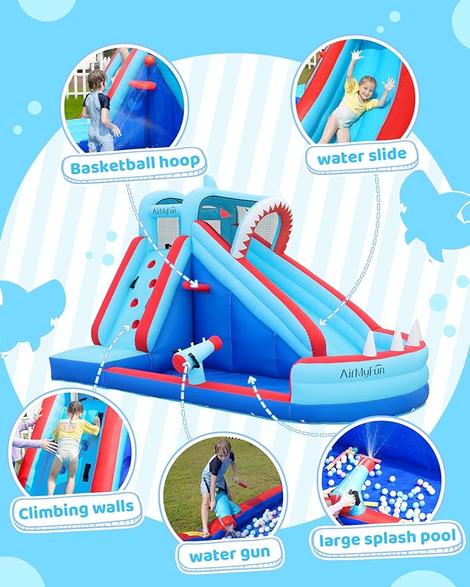 AirMyFun Bounce House, Sharks Theme Inflatable Bouncy House with Slide, Kids Bounce House Water Park with Water Slides Bouncer Castle with Splash Pool, Climbing Wall, Ball Shooting