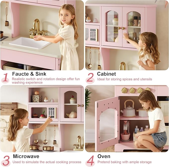 Play Kitchen for Kids, Wooden Toy Kitchen Set with Smart Storage & Accessories, Toddler Kitchen Playset with Stove & Oven, Pretend Play Set, Gift for Ages 3-8, Pink
