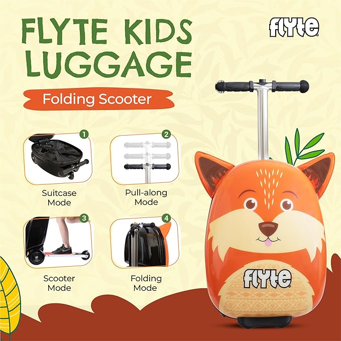 Flyte Frazer the Fox Scooter Suitcase - Rideable, Carry on Compliant 2-in-1 Children's Suitcases, 18 inch Ride on Suitcase for Kids, 25 Litre Capacity Kids' Luggage on Wheels for Children Aged 4+