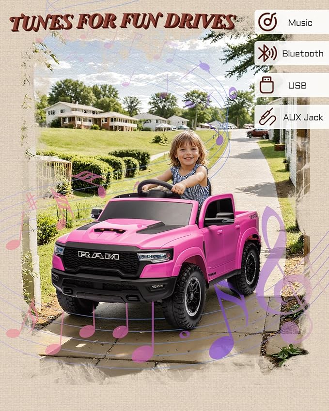 First Ride On Licensed Ram 1500 12V Ride on Toys, Kids Ride on Car with Remote Control, Electric Vehicle for Toddler with Smooth Start, Pickup Truck Bed Storage, Spring Suspension, Aux Port (Pink)