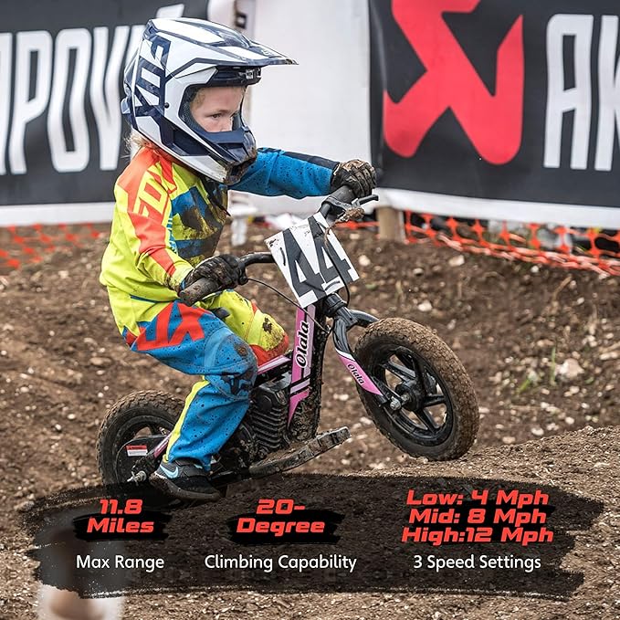 OLALA Electric Dirt Bike for Kids Aged 5-10, 340W Racing Grade Electric Motorcycle with Aluminum Frame, Up to 12MPH & 3 Speed Settings, Safe Disc Brakes, 16IN Knobby Tires