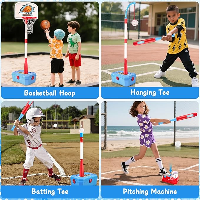 4-in-1 Toddler Basketball Hoop & Tee Ball Set,Adjustable Height Kids Basketball Hoop with Automatic Pitch -Kids Outdoor Sport Birthday Christmas Toys Gifts for Boys Girls