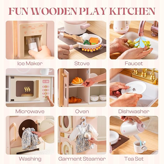 ROBUD Wooden Play Kitchen, Kids Kitchen Playset, Toy Kitchen Set with Fridge, Washing Machine, Dishwasher Toddlers Kitchen Playset Gift for Boys & Girls, Age 3+ (Pink)