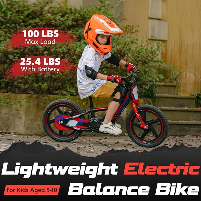 OLALA Electric Dirt Bike for Kids Aged 5-10, 340W Racing Grade Electric Motorcycle with Aluminum Frame, Up to 12MPH & 3 Speed Settings, Safe Disc Brakes, 16IN Knobby Tires