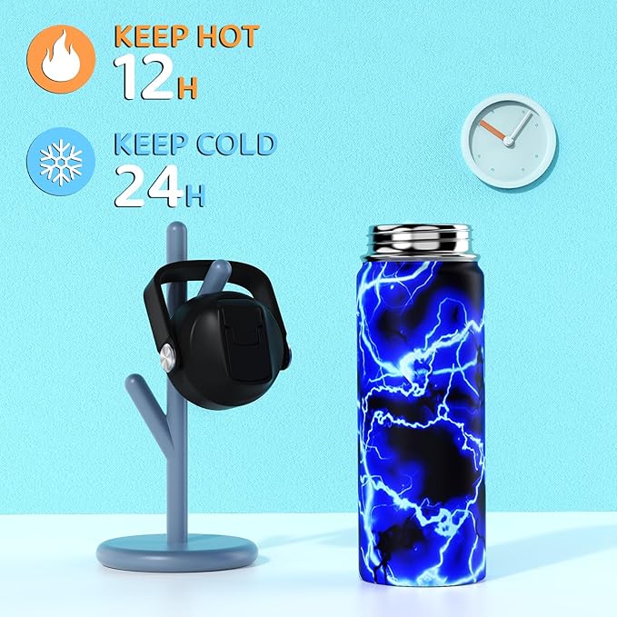 18oz Kids Insulated Water Bottle with Straw Lid - 18/8 Stainless Steel Kid Cup Travel Tumbler Double Wall Vacuum Leak Proof Portable Toddler Water Bottle (Lightning+Game）