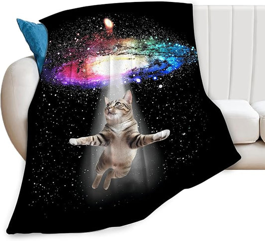 Funny Cat Blanket Space Cat Lover Gifts Throw Blankets for Girls Boys Adult Women Men Kids Plush Cozy Flannel Fleece Ultra Soft Fuzzy Nebula Galaxy Kitten Party Blanket 50"X40"