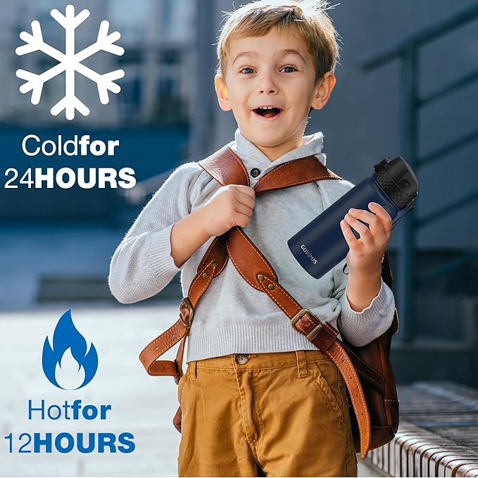 Kids Water Bottle, GOPPUS 18 Oz Stainless Steel Travel Bottle, Double Wall Vacuum Leak Proof Kids Cup for School Boys Girls, Navy Blue