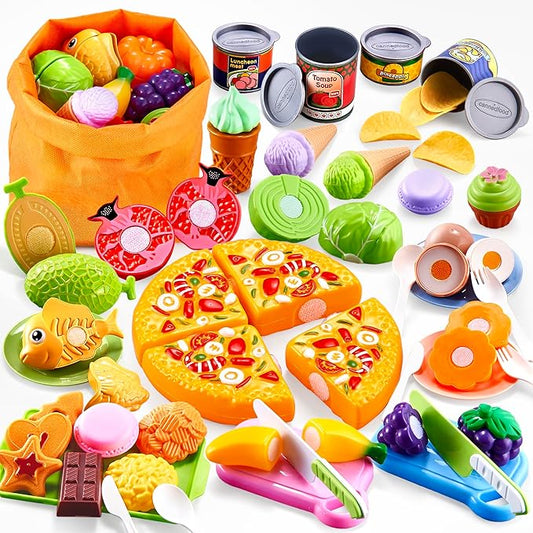 Play Food Sets for Kids Kitchen,66PCS Play Kitchen Accessories,Cutting Toy Food Kids Kitchen Accessories with Pizza,Fruits & Storage Bag,Educational Toys Gift for Boys Girls 3 Year Old