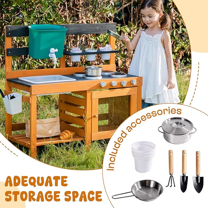ROBOTIME Mud Kitchen for Kids Outdoor - Wooden Outdoor Play Kitchen Set with Real Water Play, Cooking Pots & Gardening Tools - Sensory Toy Kitchen for Pretend Play Ages 3+
