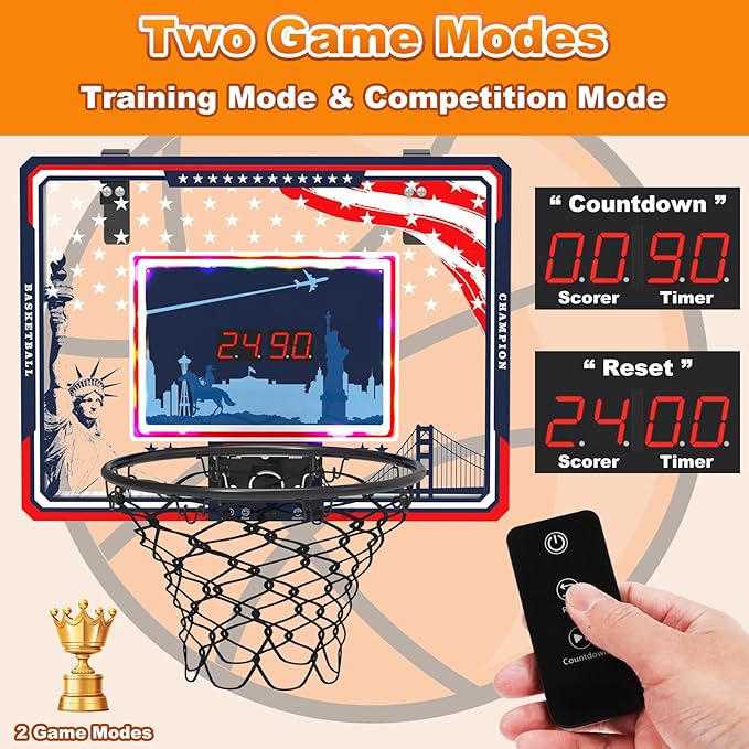 Indoor Basketball Hoop, Mini Basketball Hoop with LED Lights, Timer and Scoreboard, Indoor Basketball Hoop for Kids 3-12, for Boys and Girls