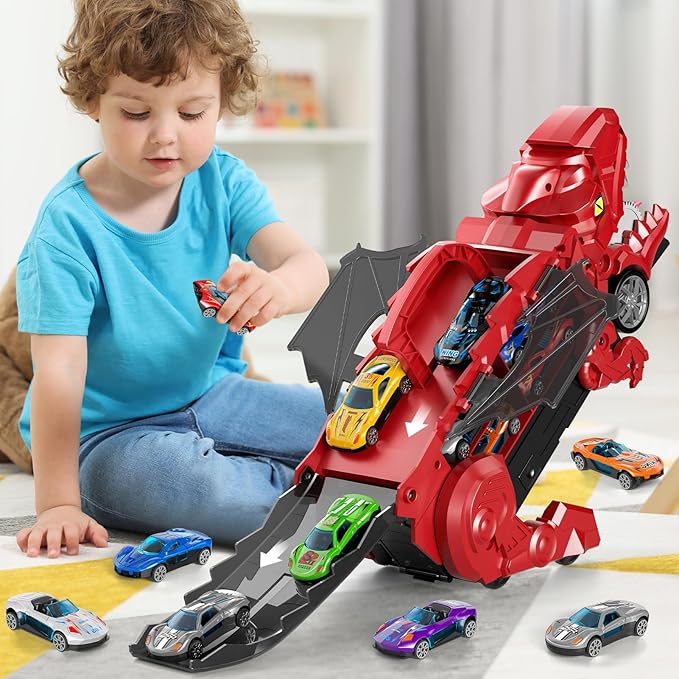 Toddler Truck Toys for 3 4 5 6 Years Old Boys, Toys Cars Track Set Dinosaur Transporter Truck with 10 Die-Cast Car Toys, Transforms into Dino, Toddler Car Toys Set for Kids Boys Girls