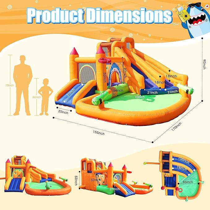 Inflatable Bounce House, Triple Water Slide for Kids with Double Cannon, Climbing Wall, Jumping, Splash Pool, Basketball Hoop for Outdoor Backyard Party, 10 in 1 Giant Castle Included 550W Air Blower