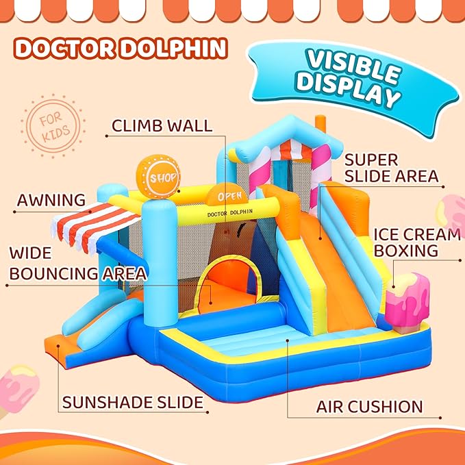 Doctor Dolphin Inflatable Bounce House for Kids Fun, Double Slide Jumping Inflatable Bouncer Blow Up Toddler Bouncy House for Kids 2-12 with Blower Use for Indoor&Outdoor