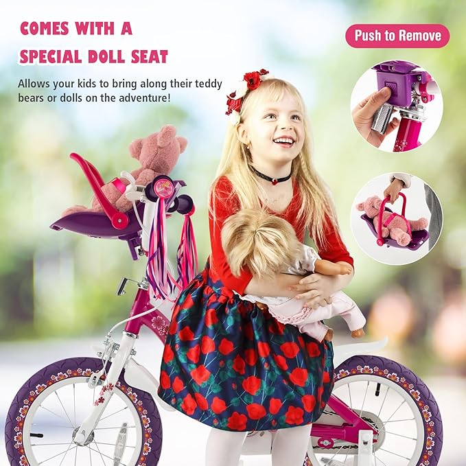 BABY JOY Kids Bike, 12 14 16 18 Inch Children Bicycle w/Detachable Training Wheels, Storage Basket, Adjustable Seat & Handlebar, Bow or Streamer, Girls Bike for 3-8 Years Old