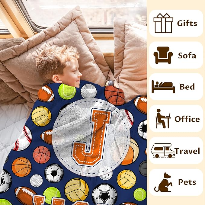 Gift for Boys, Personalized Sport Throw Blanket with Initial for Kids Toddler Teens Sports Lovers, Custom Soft Fuzzy Blankets for Bed Couch Sofa Decor(4 Sizes Optional)