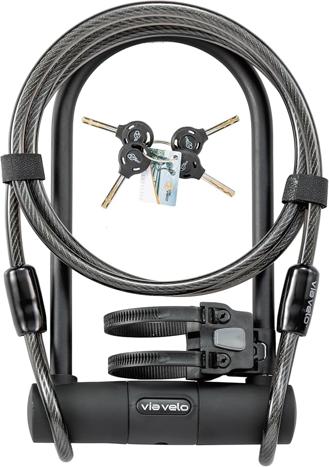Via Velo Bike U Lock with Cable | Classic U Lock Heavy Duty Anti-Theft 15mm Shackle Innerside 9.25 x 4.5 in Sold Secure Silver Approval with 6Ft Cable Security Lock for Bike Electric Bike Scooter