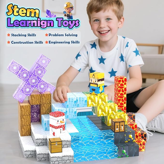 100PCS Large Magnetic Blocks-Build Mine Magnet World Ice Mine Sword Toddlers Toys for Kids Magnet Transparent Building Blocks Sensory Learning Toys for Boys and Girls Ages 3 4 5 6 7 8-12 Birthday Gift
