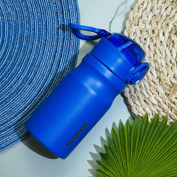 BJPKPK Insulated Water Bottle 14oz Stainless Steel Water Bottles With Straw And Carry Handle Double Wall Metal Thermo,Blue