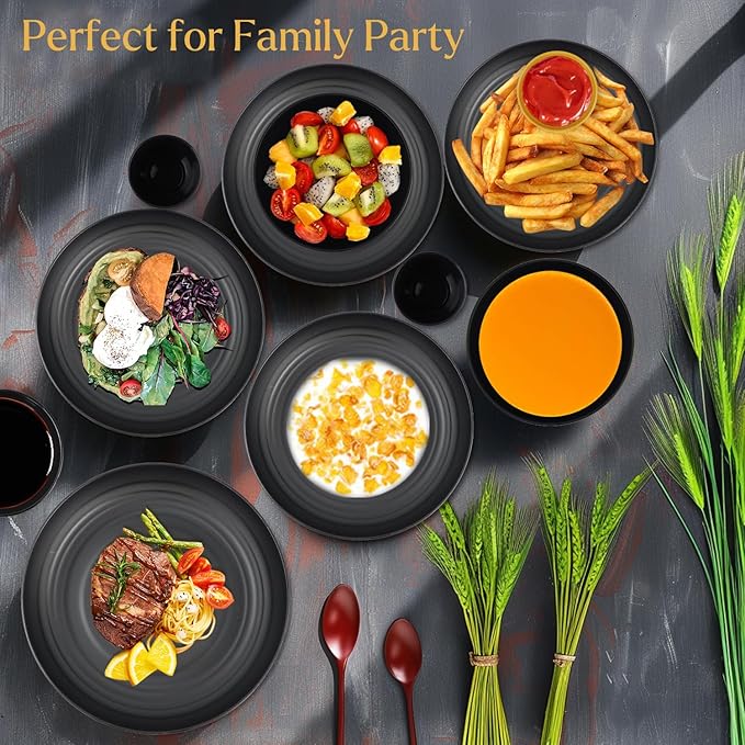 Wrova Wheat straw dinnerware sets of 16-10 inches plates,26oz bowls,2oz dipping bowls,12oz cups - Unbreakable plates and bowls sets microwave safe and dishwasher safe,service for 4. Black