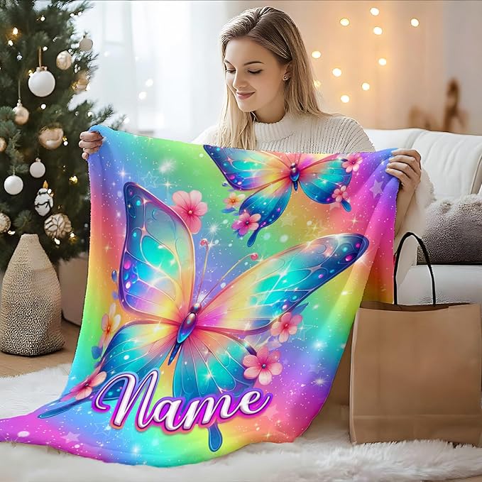 Butterfly Blankets and Throws Personalized Blankets for Kids Teens Adults, 60x80 Inches Twin Size Lightweight Soft Comfy Custom with Name Throw for Living Room Home Decor