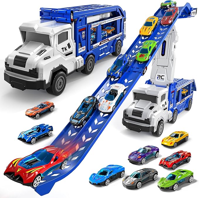 Transport Truck Toys for 3 4 5 6 7 Years Old Boys,Toys Cars Track Set Transporter Trucks with 12 Die-Cast Car Toys 2 Race catapults Dual-Track Model,Toddler Car Toy Set for Kids Boys Girls