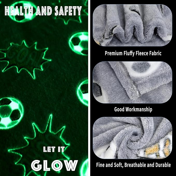 Soccer Glow in The Dark Blanket Sports Gifts for Kids Boys Teen Girls Christmas Birthday Easter Gift Fun Magical Decor Soft Plush Flannel Furry Fluffy Nap Sleep Throw Blanket Grey 60"x80"