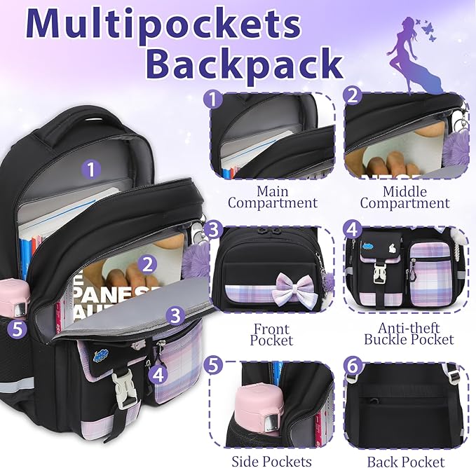 School Backpack for Girls Kids Bookbag for Elementary Middle School Casual Travel Daypack Teen Backpacks Black