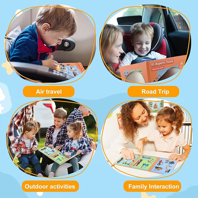 ASTARON 3D Magnetic Puzzle with 60 Puffy Stickers for Toddlers, 41 Pieces Construction Vehicles Toddler Puzzles Preschool Education Learning Travel Toys Car Plane Activities for Kids Quiet Time
