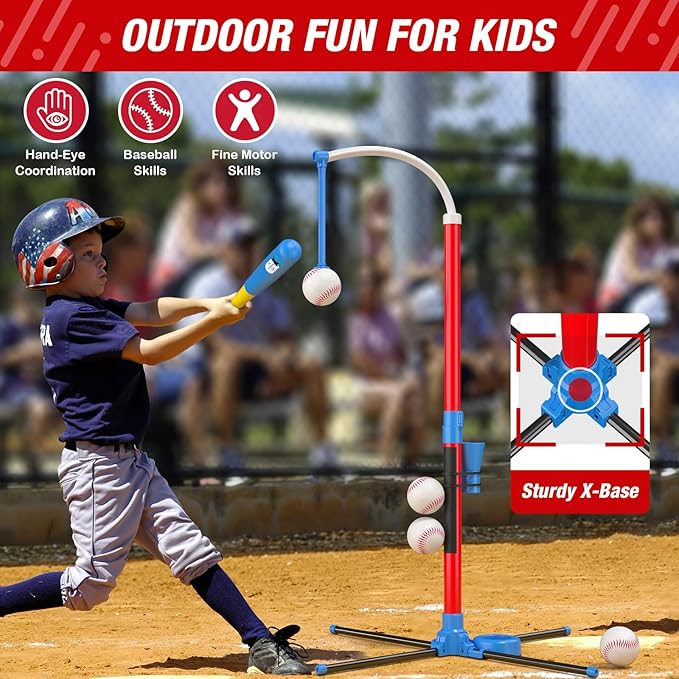 QDRAGON 4 in 1 Tball Set for Toddlers 3-5 with Toss and Catch Ball Set/ 2 Bats, Hanging Tee Ball Stand with Auto Pitching Machine, Indoor Outdoor Sport Toys Christmas Birthday Gifts for Boys Girls