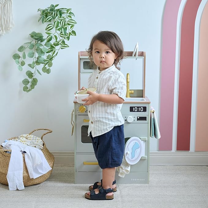 Teamson Kids Little Chef Lake Tahoe Smart Play Kitchen with Washing Machine, Oven, Microwave & Ample Storage, Neat & Compact Healthy Play for Age 3+, Sage Green