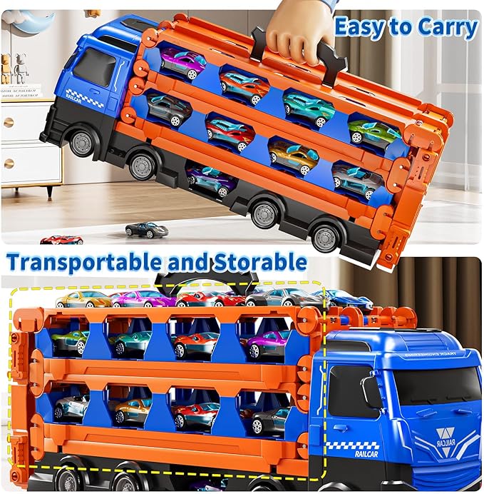 Cars Truck Set Transport Toy for Kids, Race Track Set with 12 Die-Cast Cars, Trucks Playset, 2-Tier Launching Tracks, Carrier Toy for Boys Girls Birthday Gifts for Boys Ages 1-3 2-4 3-5 4-7