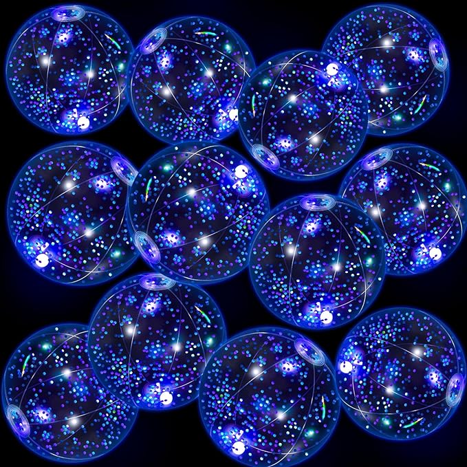 12 Pack 12 Inch Glow in The Dark LED Beach Ball Jumbo Confetti Glitters Inflatable Ball Swimming Pool for Party Pool Summer(Blue)