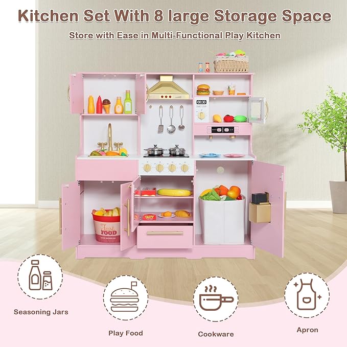 Kids Kitchen Playset, Wooden Play Kitchen with Toy Storage System, Pretend Play Kitchen Set Toy with Range Hood, Ice Maker & Coffee Maker, for Kids Ages 3+, Pink