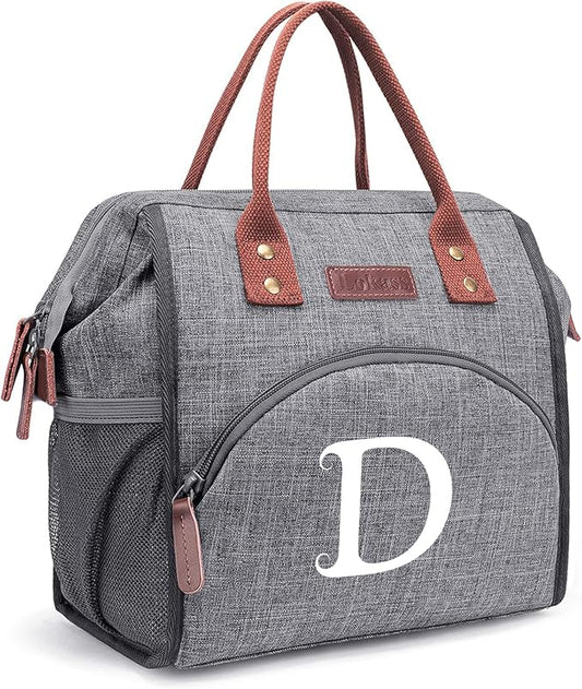 Personalized Lunch Box for Women, Initial Reusable Insulated Lunch Bag, Wide-Open Adult Lunchbox Cooler Lunchbag, Leakproof Lunch Tote for Picnic Work Outdoors, Christmas Gift for Women, Grey - D