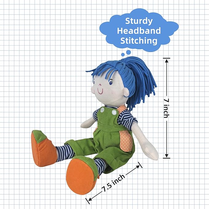 13” Soft Baby Doll, Plush Toy Soft Stuffed Figure for Kids, Plush Toys Adorable Blue - Haired Rag Doll, Green Overalls Design, Soft Cuddly Dolls Companion Perfect Plushie Gift for Kids