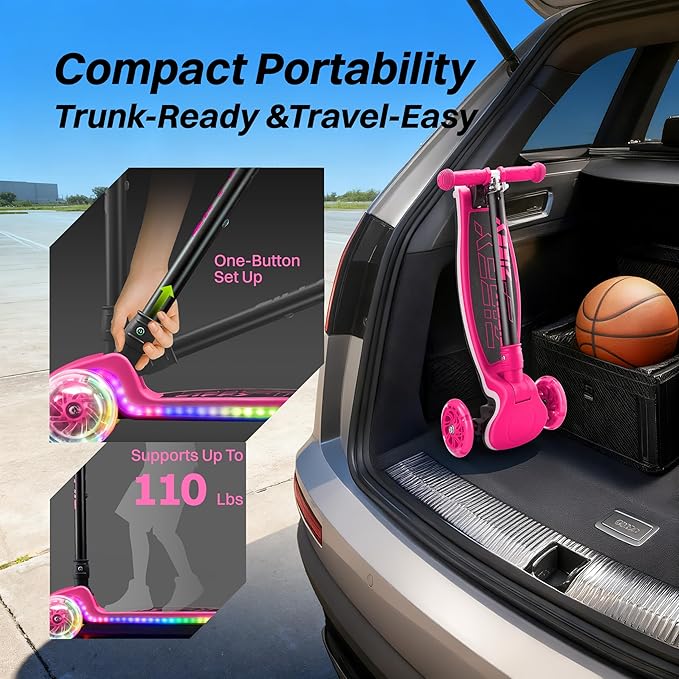 ZIFFY 3-Wheel Light-Up Toddler Scooter for Kids 3-8, Kids Scooter for Boys Girls with 20 Dynamic LED Lights, 4 Adjustable Height Balance Kick Scooter 110LBS, Lean-to-Steer Anti-Slip Wide Deck by JOVA