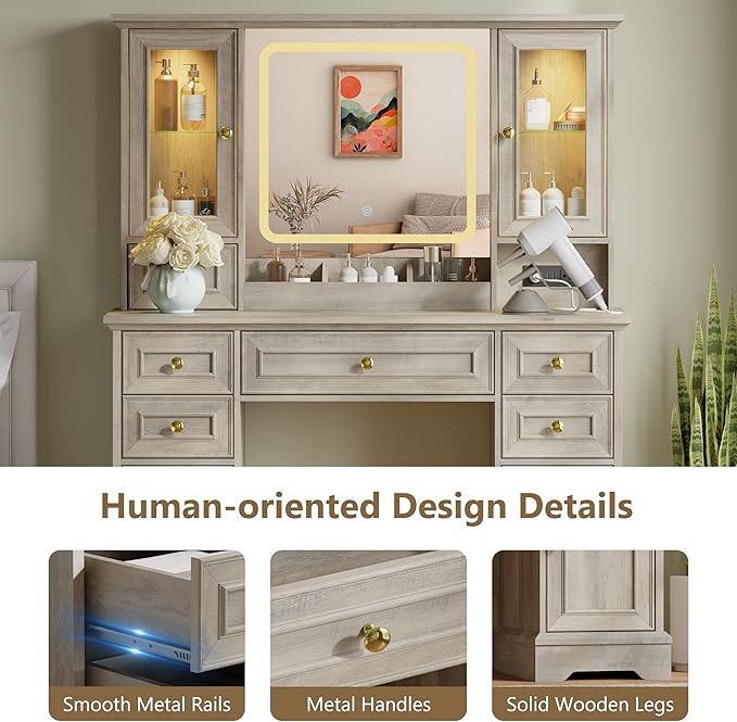 43'' Makeup Vanity with Mirror and Lights, Farmhouse Vanity Desk with Drawers & Charging Station, 3 Lighting Modes & Adjustable Brightness, Glass Cabinet, Dressing Table for Bedroom, Grey