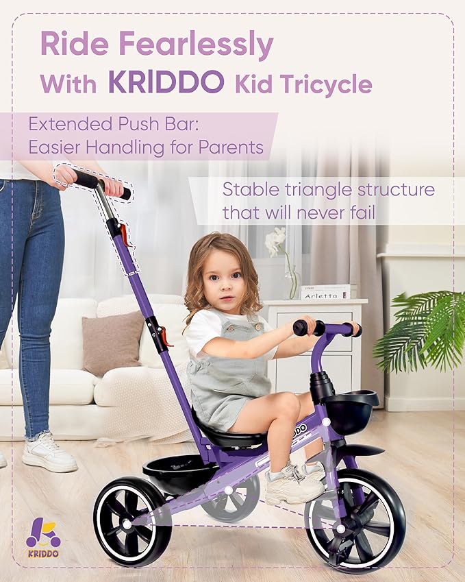 KRIDDO 2-in-1 Toddler Tricycle for Ages 18 Months to 5 Years Old - Extended Push Handle for Effortless Push, Gift Trike for Toddler 3 to 5 Year, Kids Tricycle with Foldable Front Footrest, Purple