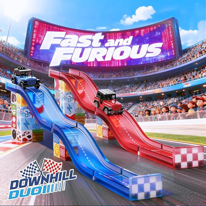 52 PCS Magnetic Tiles Race Car Track Set with 2 Racing Trucks, STEM Educational Travel Magnetic Building Blocks for Kids Ages 3-8, Montessori Sensory Toys Gifts for Toddler, Boys & Girls