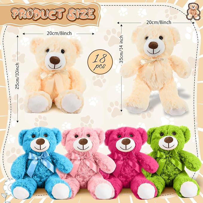 Liliful 18 Pcs 14 Inch Bear Stuffed Animals Bulk Baby Shower Soft Plush Bear Gifts for Birthday Christmas Party Favor Wedding Multicolor Unisex Multi-Purpose Plush Gifts