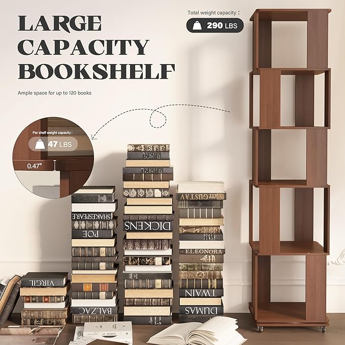 5 Tier Solid Wood Rotating Bookshelf Tower on Wheels, 360° Upgrade Spinning Book Shelf, Revolving Bookcase Organizer, Swivel Bookshelves for Small Spaces, Corner, Bedroom, Kids Room, Office (Walnut)
