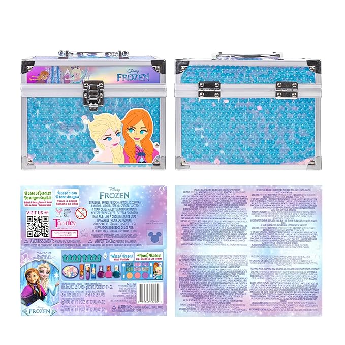 Disney Frozen Train Case Beauty Set, Kids Makeup Kit for Girls, Real Washable Makeup Set, Play Makeup, Party Favor, Birthday, Ages 3 4 5 6 7 8 9 10 11 12 by Townley Girl