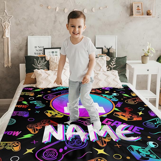 Gaming Blankets for Kids Boys Personalized Gamer Gifts for Son Grandson - Soft Lightweight Custom Monogram Stuff Throws for Sofa Bed Living Room Home Decor All Seasons (4 Sizes)