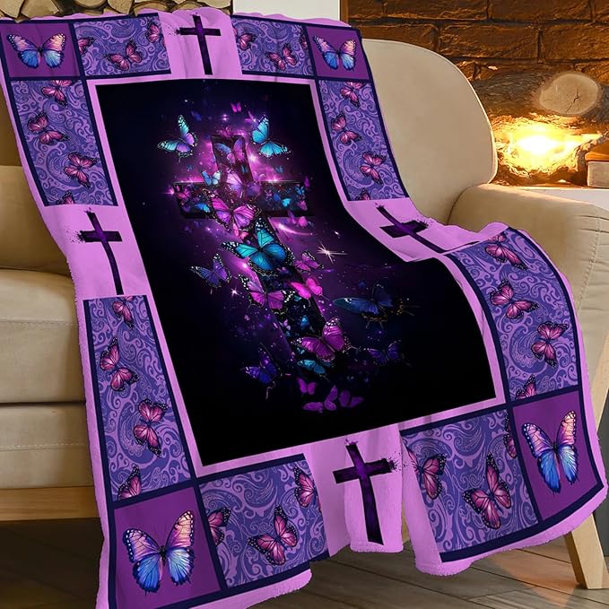Christian Cross Blanket, Purple Butterfly Throw Blanket, Religious Gifts Blankets Stuff Fleece Flannel Plush for Women Men Boys Girls Lovers Adults Soft Bedding for Sofa Bed Home Decor 60"x50"
